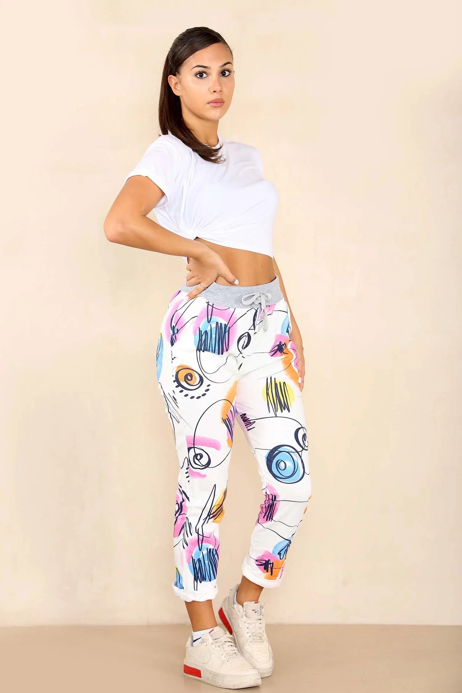 White Plus Size Italian Abstract Paint Print Drawstring Cotton Joggers For Women 22 - Dropwear