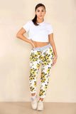 White Plus Size Italian Sunflower Print Drawstring Cotton Joggers For Women 16 - Dropwear