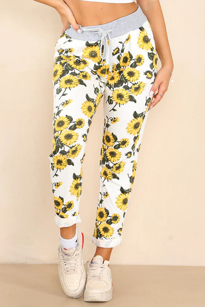 Plus Size Italian Sunflower Print Drawstring Cotton Joggers For Women  - Dropwear