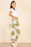 White Plus Size Italian Sunflower Print Drawstring Cotton Joggers For Women 18 - Dropwear