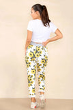 White Plus Size Italian Sunflower Print Drawstring Cotton Joggers For Women 22 - Dropwear