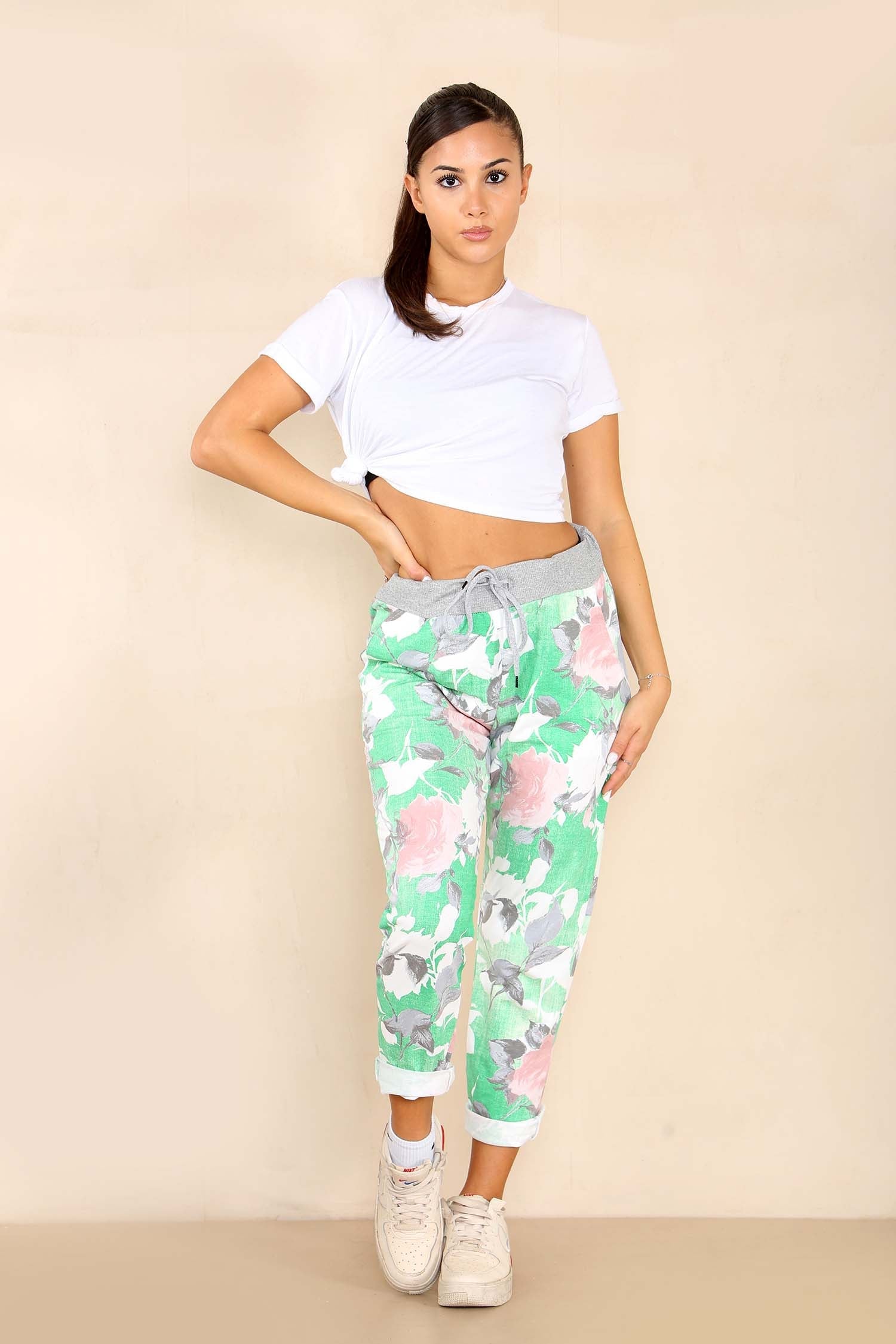 Pink Plus Size Italian Rose Flower Print Drawstring Cotton Joggers For Women 20 - Dropwear