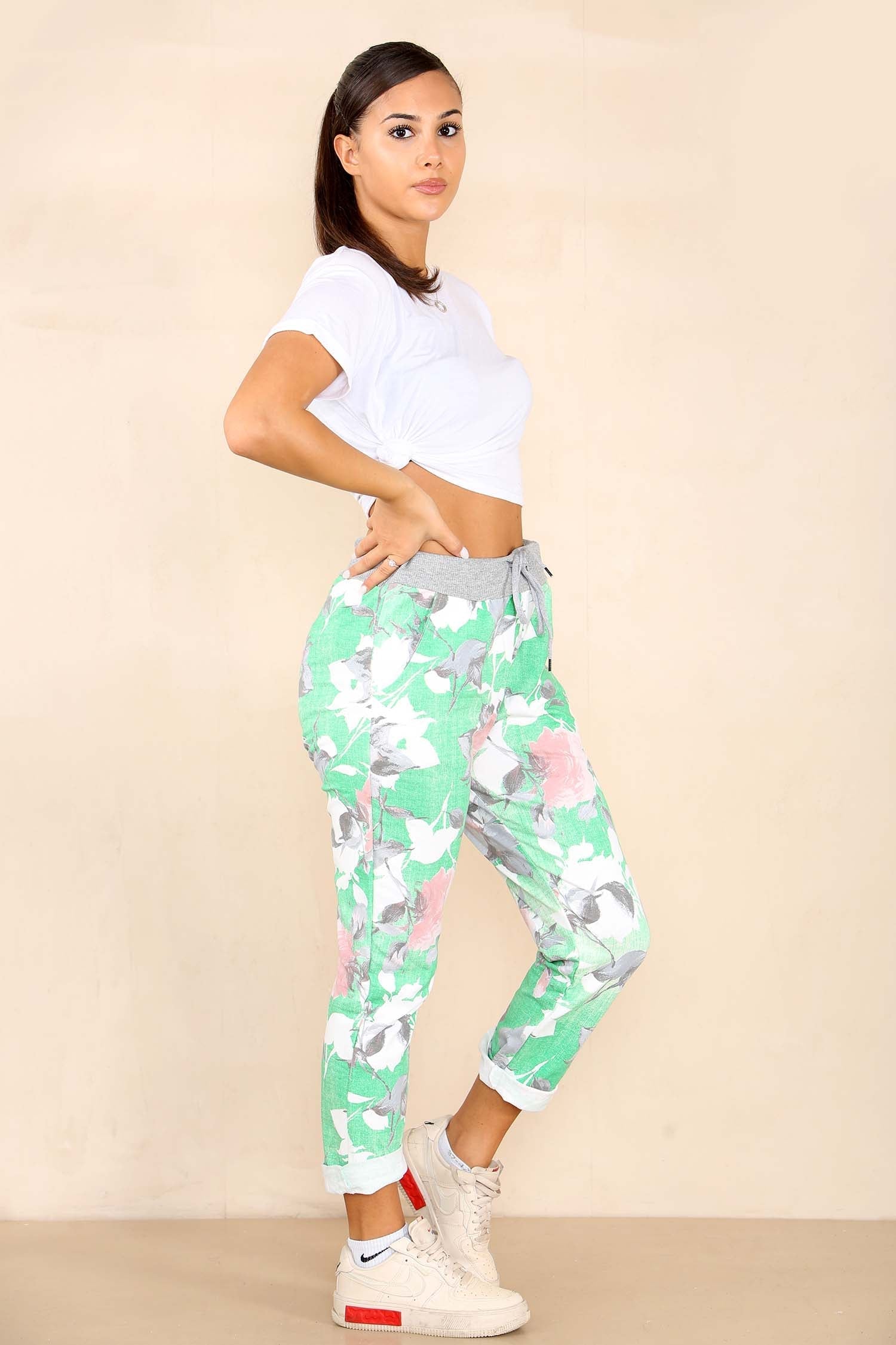 Lime Green Italian Rose Flower Print Drawstring Cotton Joggers For Women 10 - Dropwear