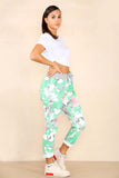 Lime Green Plus Size Italian Rose Flower Print Drawstring Cotton Joggers For Women 18 - Dropwear