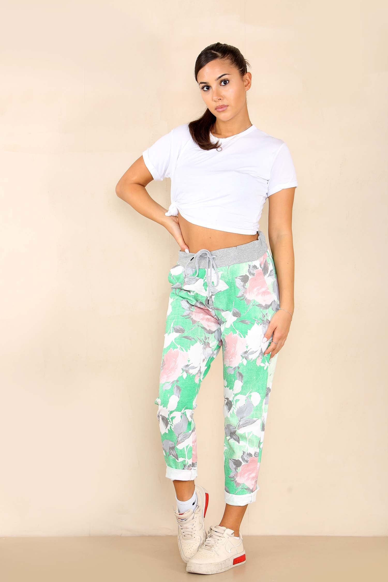 Pink Plus Size Italian Rose Flower Print Drawstring Cotton Joggers For Women 22 - Dropwear