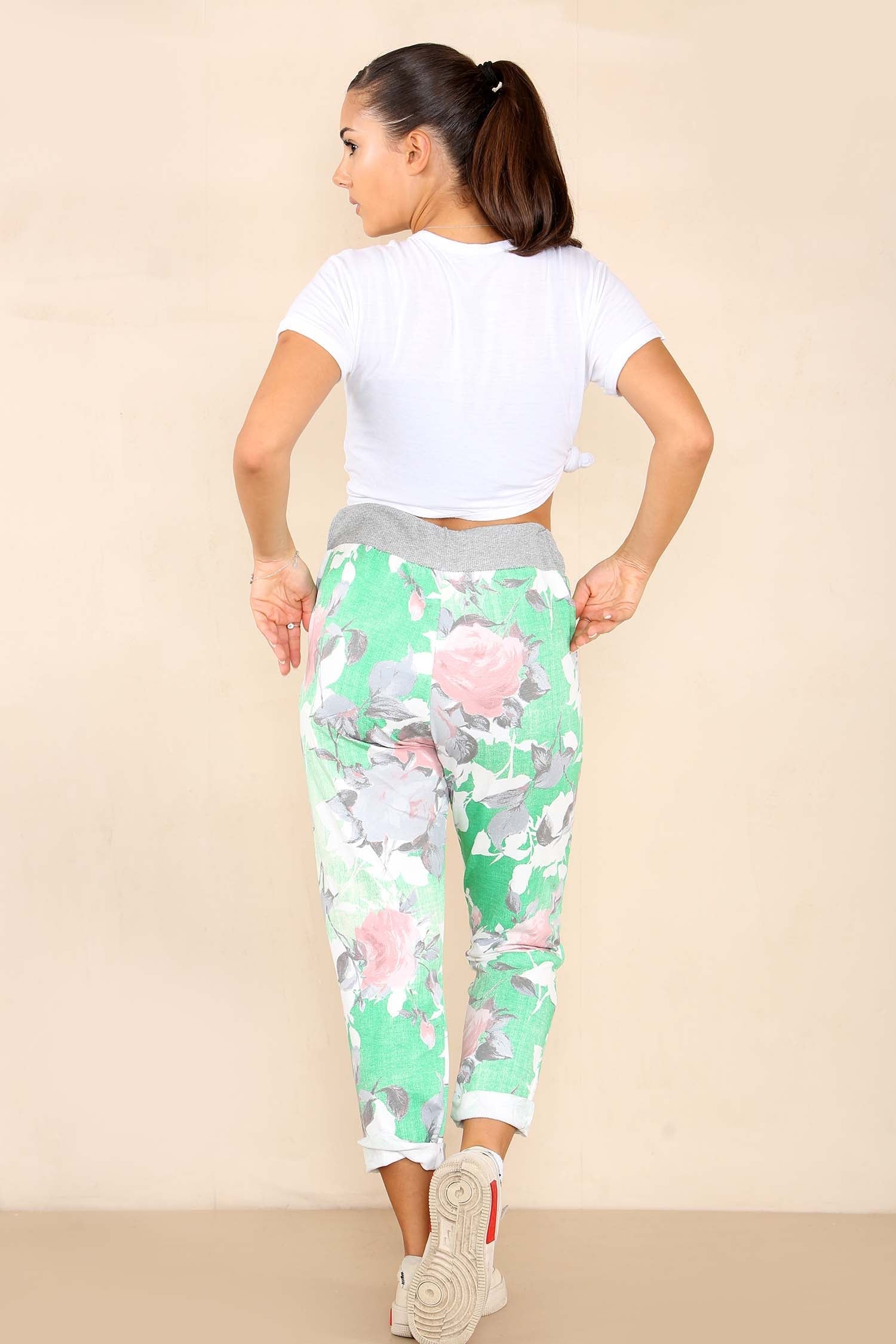 Sky Blue Plus Size Italian Rose Flower Print Drawstring Cotton Joggers For Women 16 - Dropwear