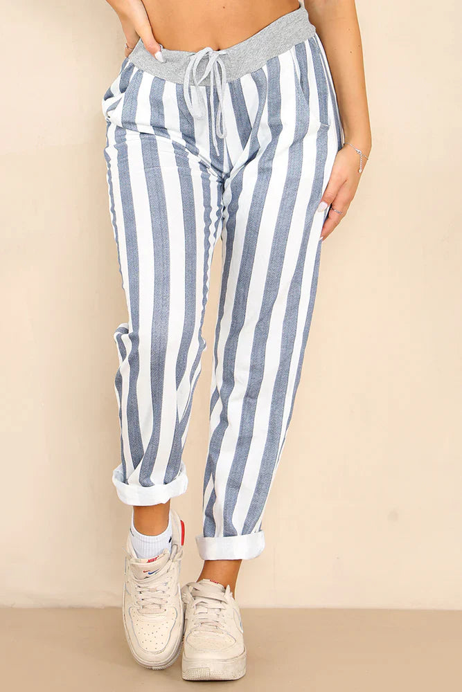 Black Plus Size Italian Striped Print Drawstring Cotton Joggers For Women 16 - Dropwear