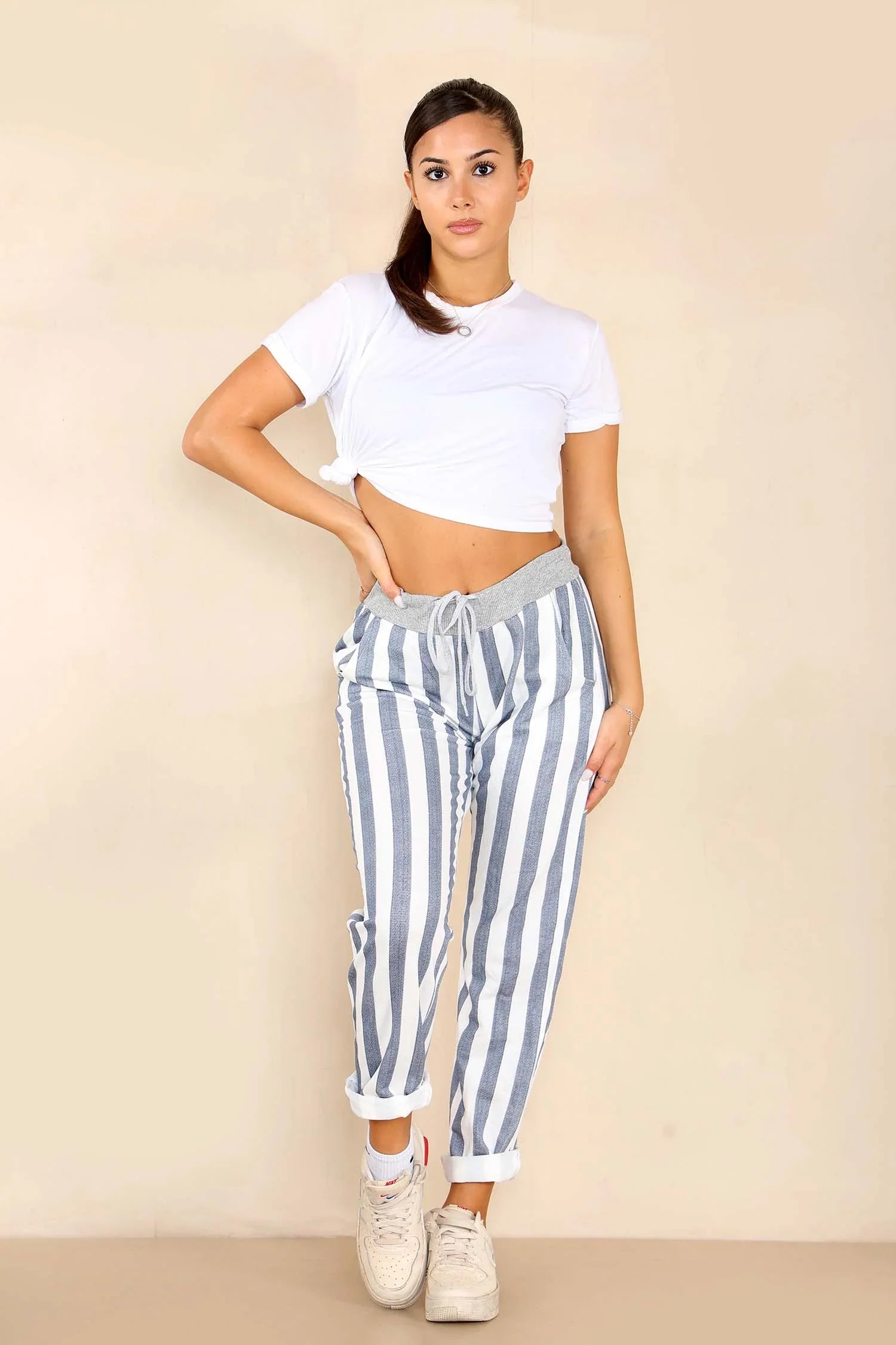Denim Blue Plus Size Italian Striped Print Drawstring Cotton Joggers For Women 20 - Dropwear