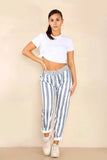 Denim Blue Plus Size Italian Striped Print Drawstring Cotton Joggers For Women 20 - Dropwear