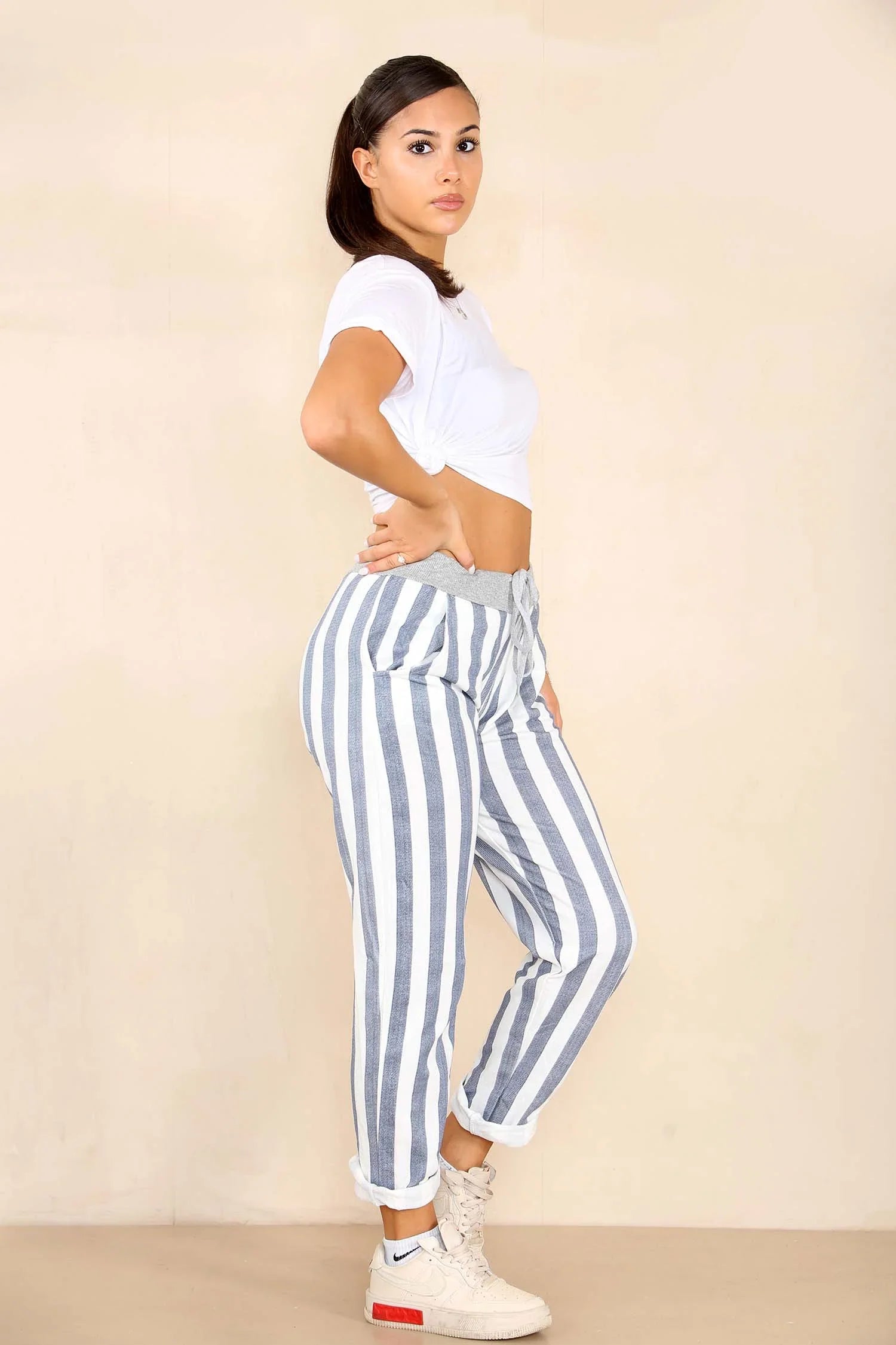 Denim Blue Plus Size Italian Striped Print Drawstring Cotton Joggers For Women 22 - Dropwear