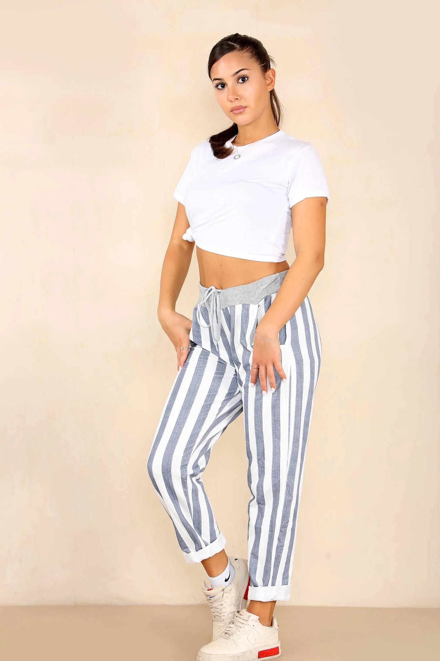 Plus Size Italian Striped Print Drawstring Cotton Joggers For Women  - Dropwear