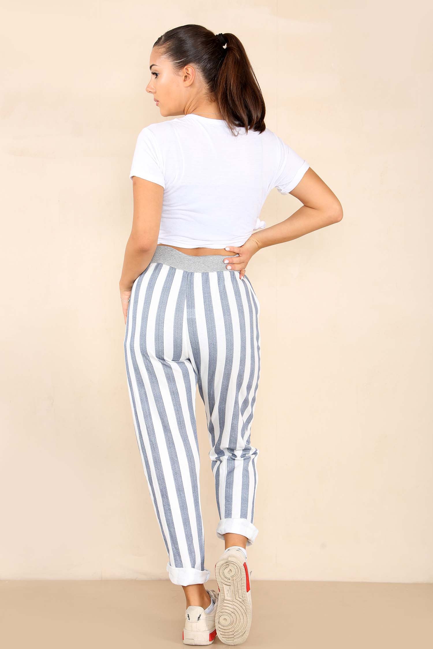 Plus Size Italian Striped Print Drawstring Cotton Joggers For Women  - Dropwear