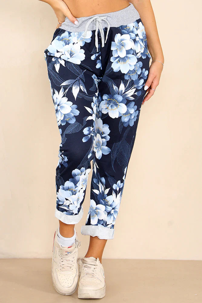 Plus Size Italian Lily Print Drawstring Cotton Joggers For Women  - Dropwear