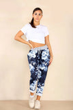 Navy Blue Plus Size Italian Lily Print Drawstring Cotton Joggers For Women 18 - Dropwear