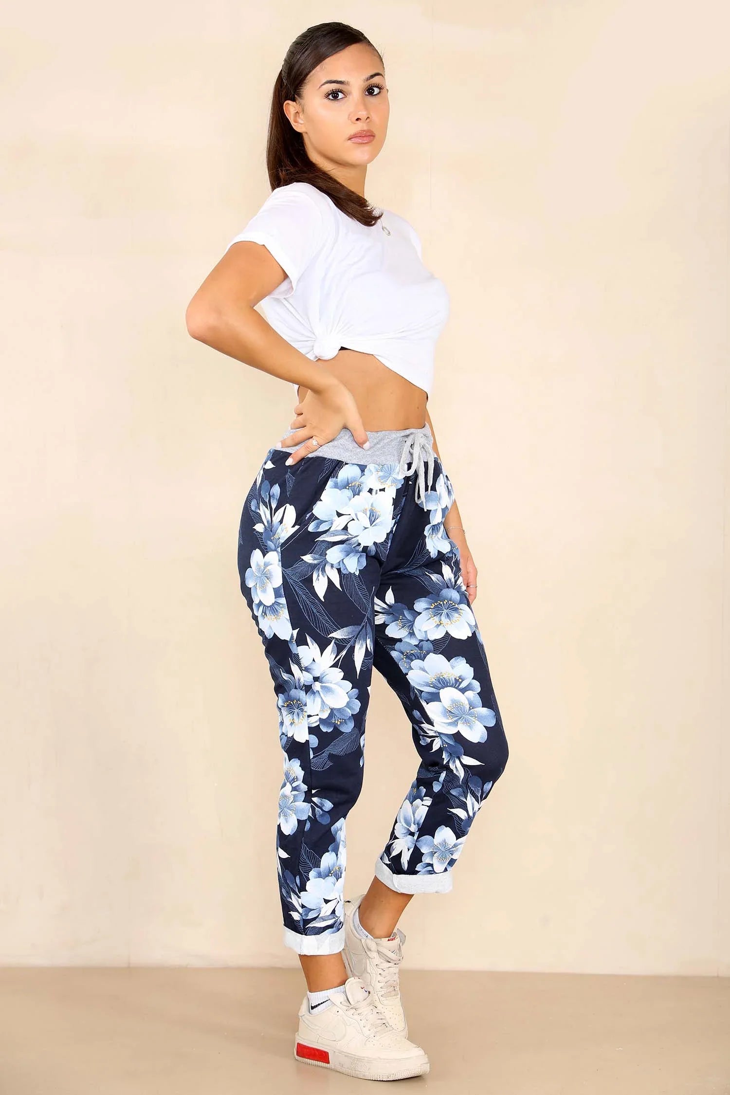 Navy Blue Plus Size Italian Lily Print Drawstring Cotton Joggers For Women 20 - Dropwear