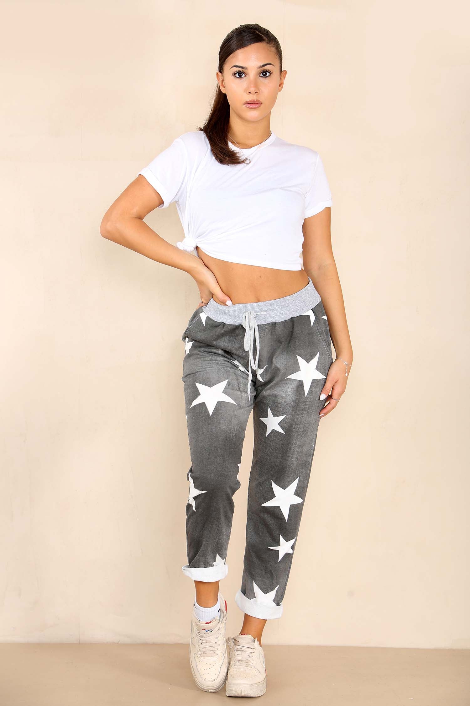 Black Plus Size Italian Star Print Drawstring Cotton Joggers For Women 16 - Dropwear