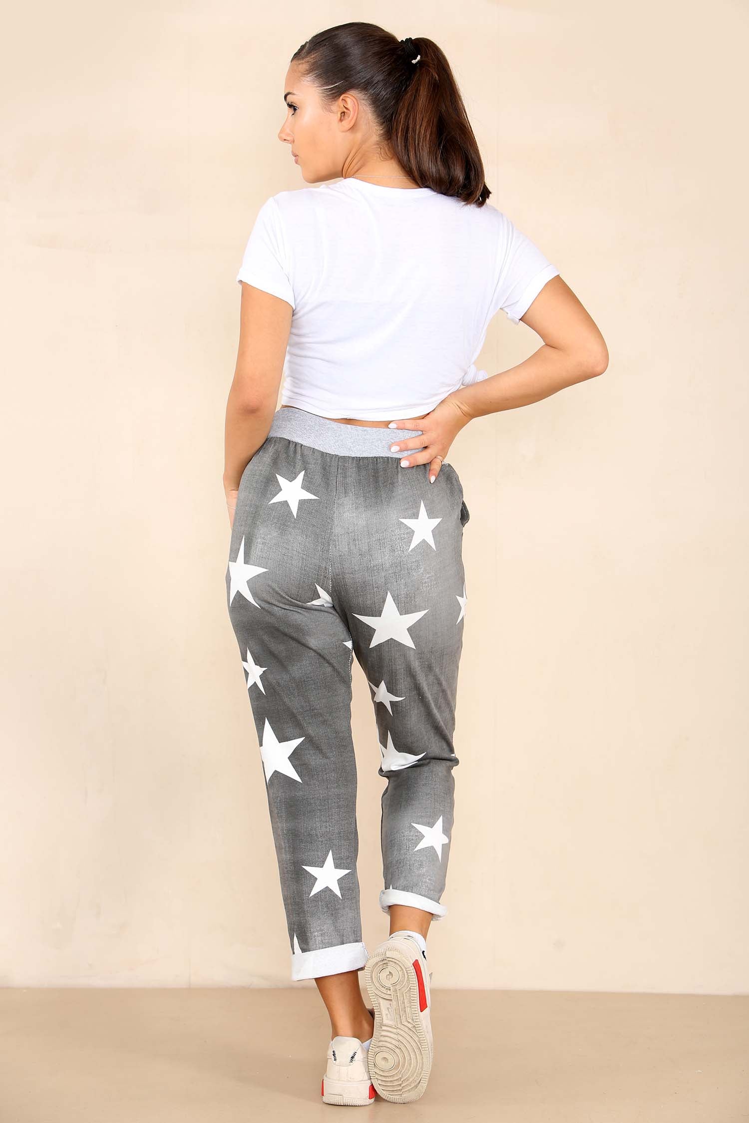 Black Plus Size Italian Star Print Drawstring Cotton Joggers For Women 22 - Dropwear