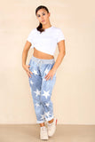 Light Denim Plus Size Italian Star Print Drawstring Cotton Joggers For Women 18 - Dropwear