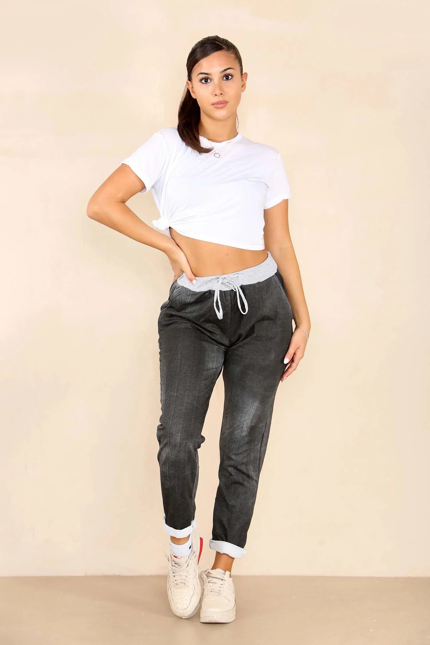 Italian Plain Drawstring Cotton Joggers For Women  - Dropwear