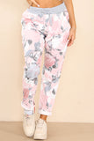 Lime Green Plus Size Italian Rose Flower Print Drawstring Cotton Joggers For Women 16 - Dropwear