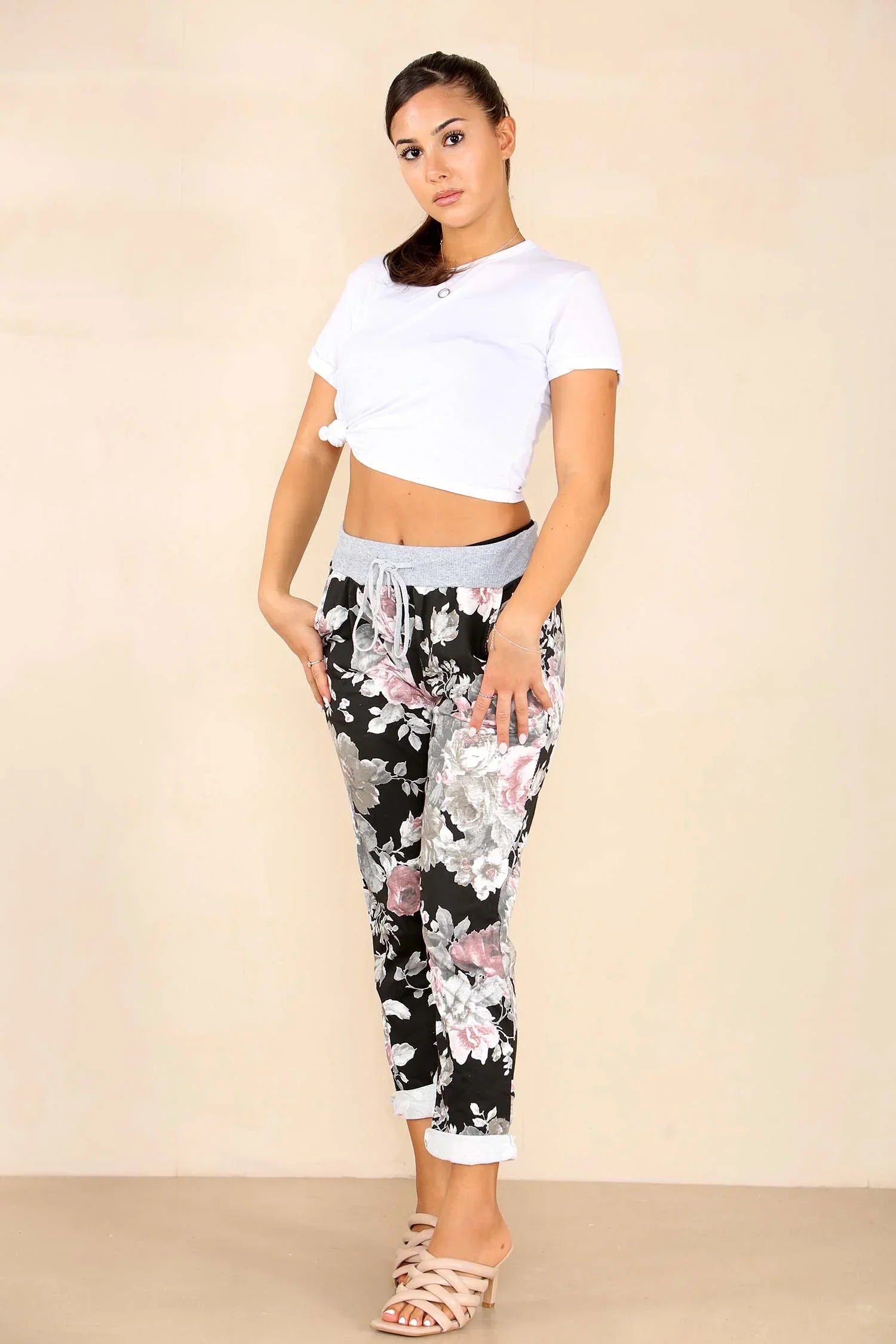 Plus Size Italian Floral Print Drawstring Cotton Joggers For Women  - Dropwear