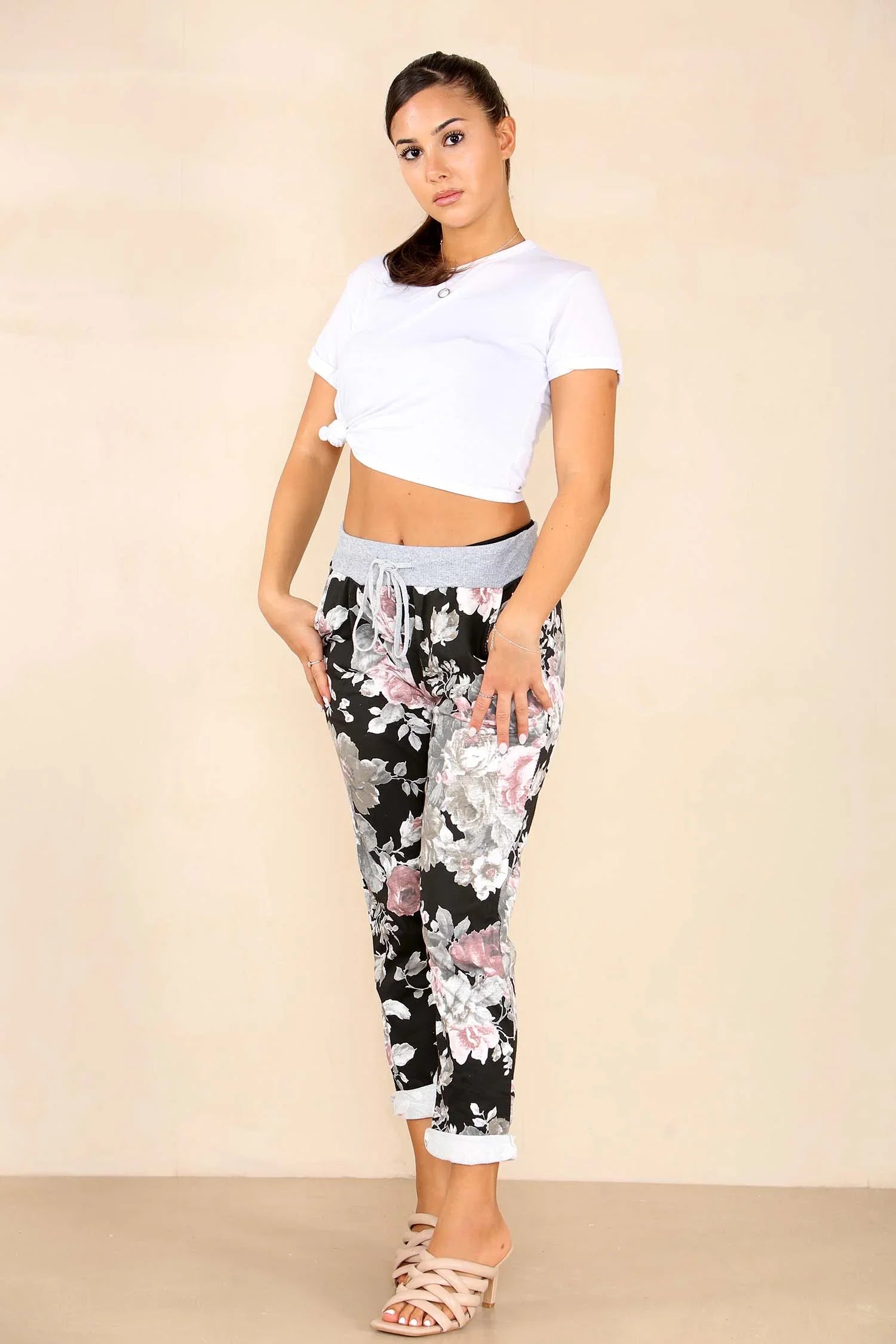 Plus Size Italian Floral Print Drawstring Cotton Joggers - Black & Blue For Women  - Dropwear