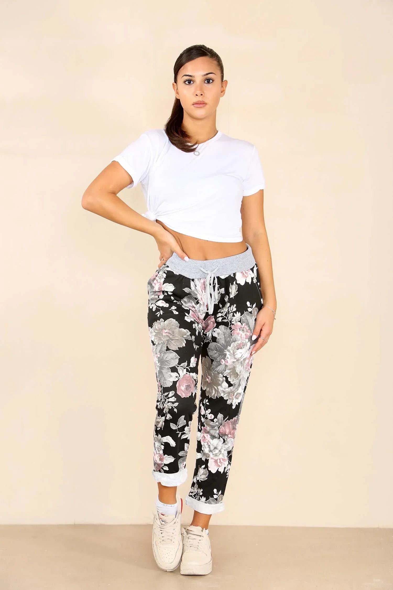 Plus Size Italian Floral Print Drawstring Cotton Joggers For Women  - Dropwear