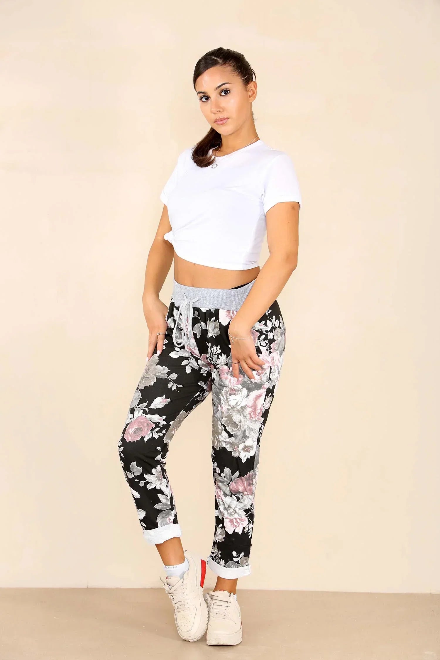 Plus Size Italian Floral Print Drawstring Cotton Joggers For Women  - Dropwear