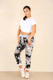 Plus Size Italian Floral Print Drawstring Cotton Joggers For Women  - Dropwear