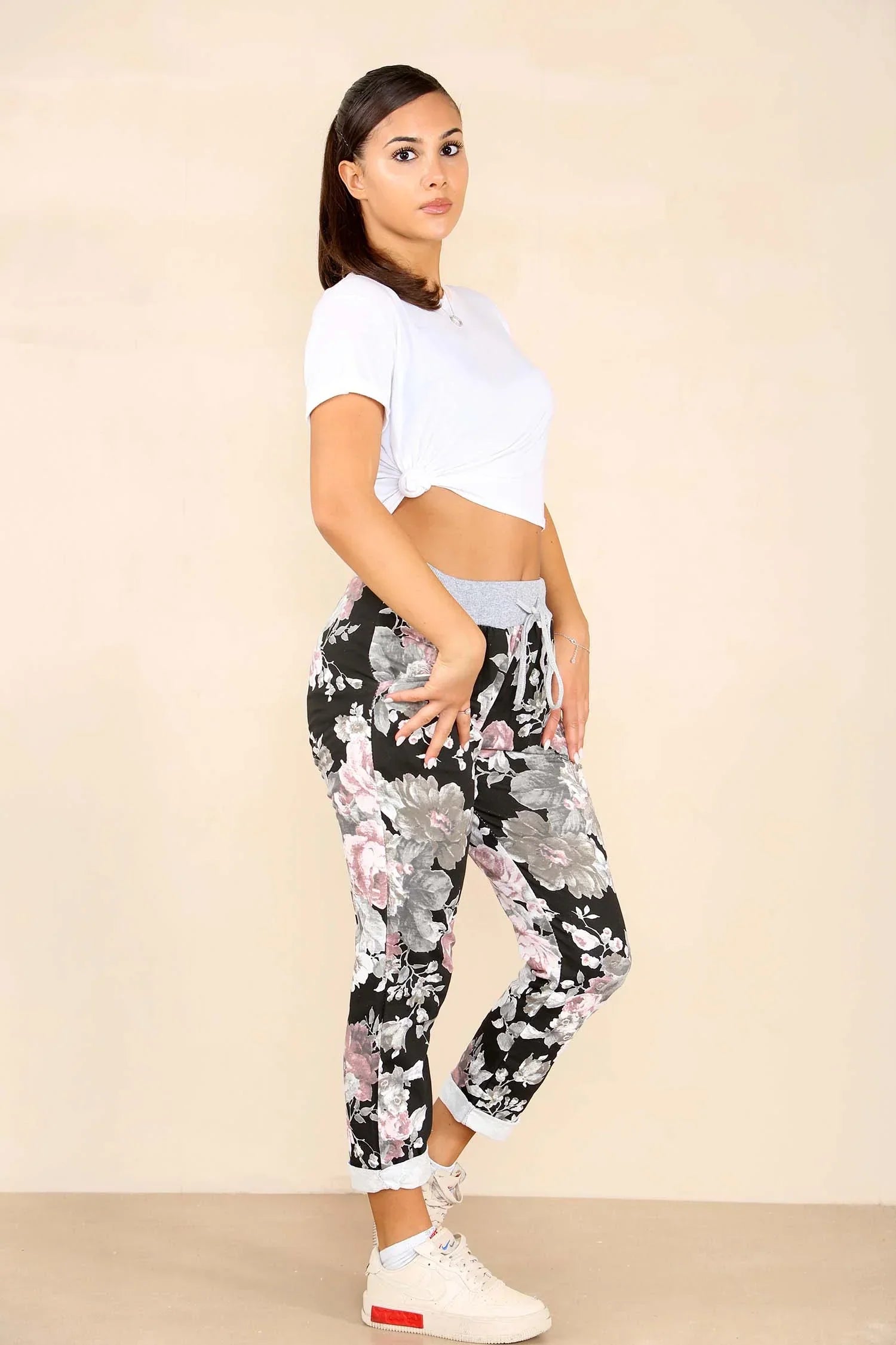 Blue Plus Size Italian Floral Print Drawstring Cotton Joggers For Women 22 - Dropwear