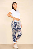 Blue Plus Size Italian Floral Print Drawstring Cotton Joggers - Black & Blue For Women 16 - Dropwear