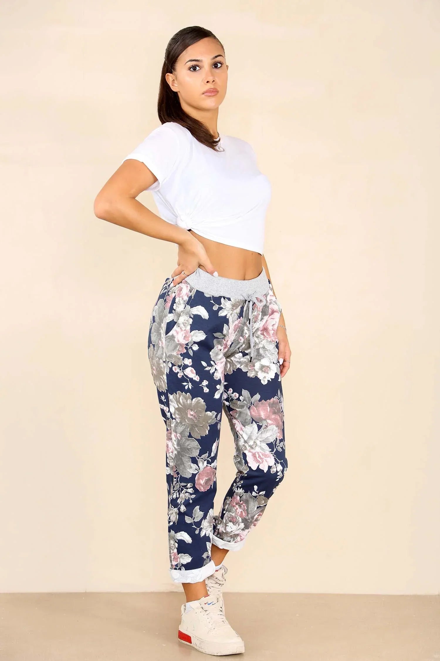 Blue Plus Size Italian Floral Print Drawstring Cotton Joggers For Women 16 - Dropwear