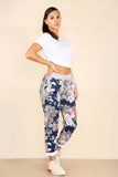Blue Plus Size Italian Floral Print Drawstring Cotton Joggers For Women 16 - Dropwear