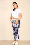 Black Plus Size Italian Floral Print Drawstring Cotton Joggers - Black & Blue For Women 22 - Dropwear