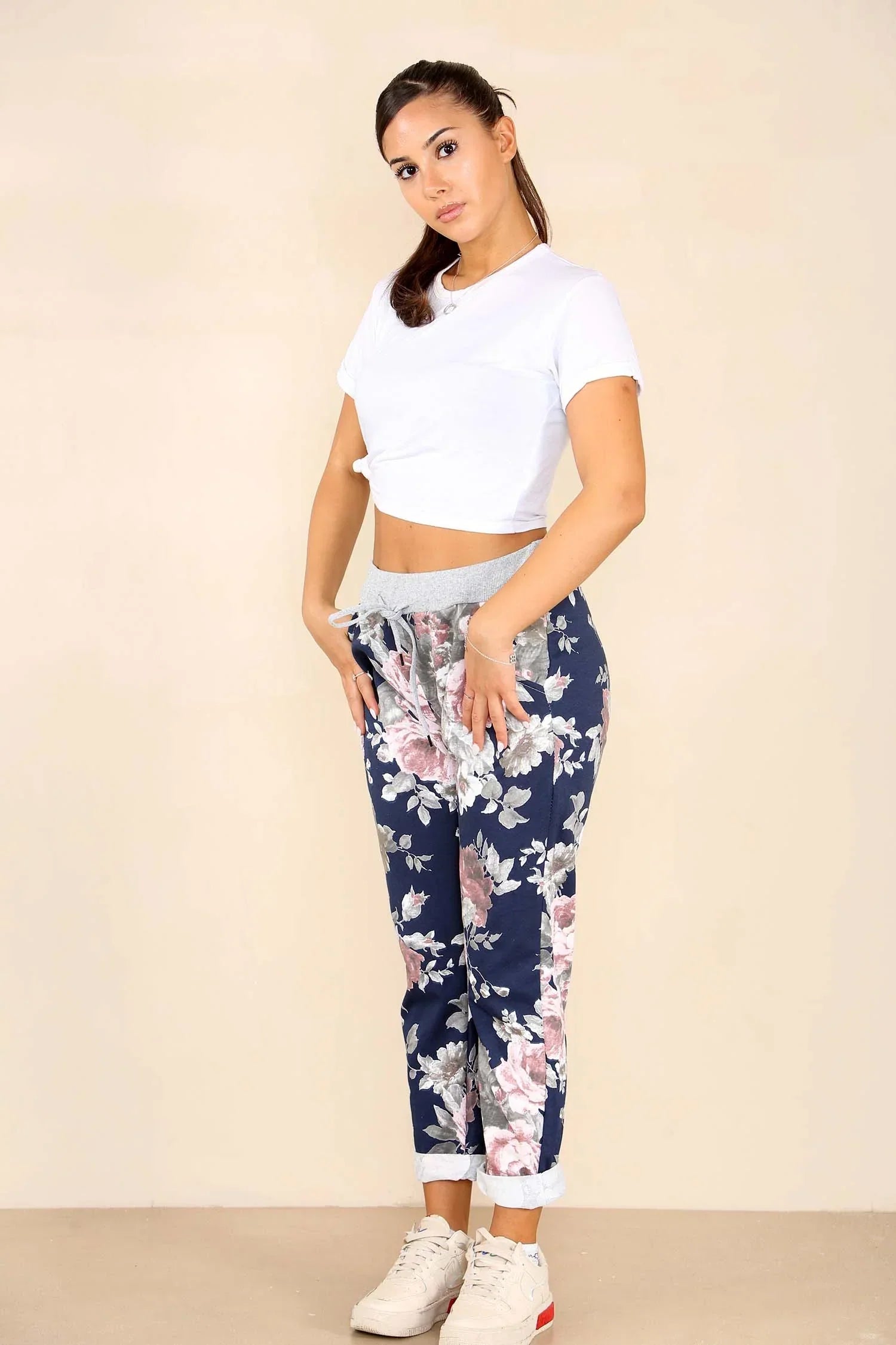 Black Plus Size Italian Floral Print Drawstring Cotton Joggers For Women 22 - Dropwear
