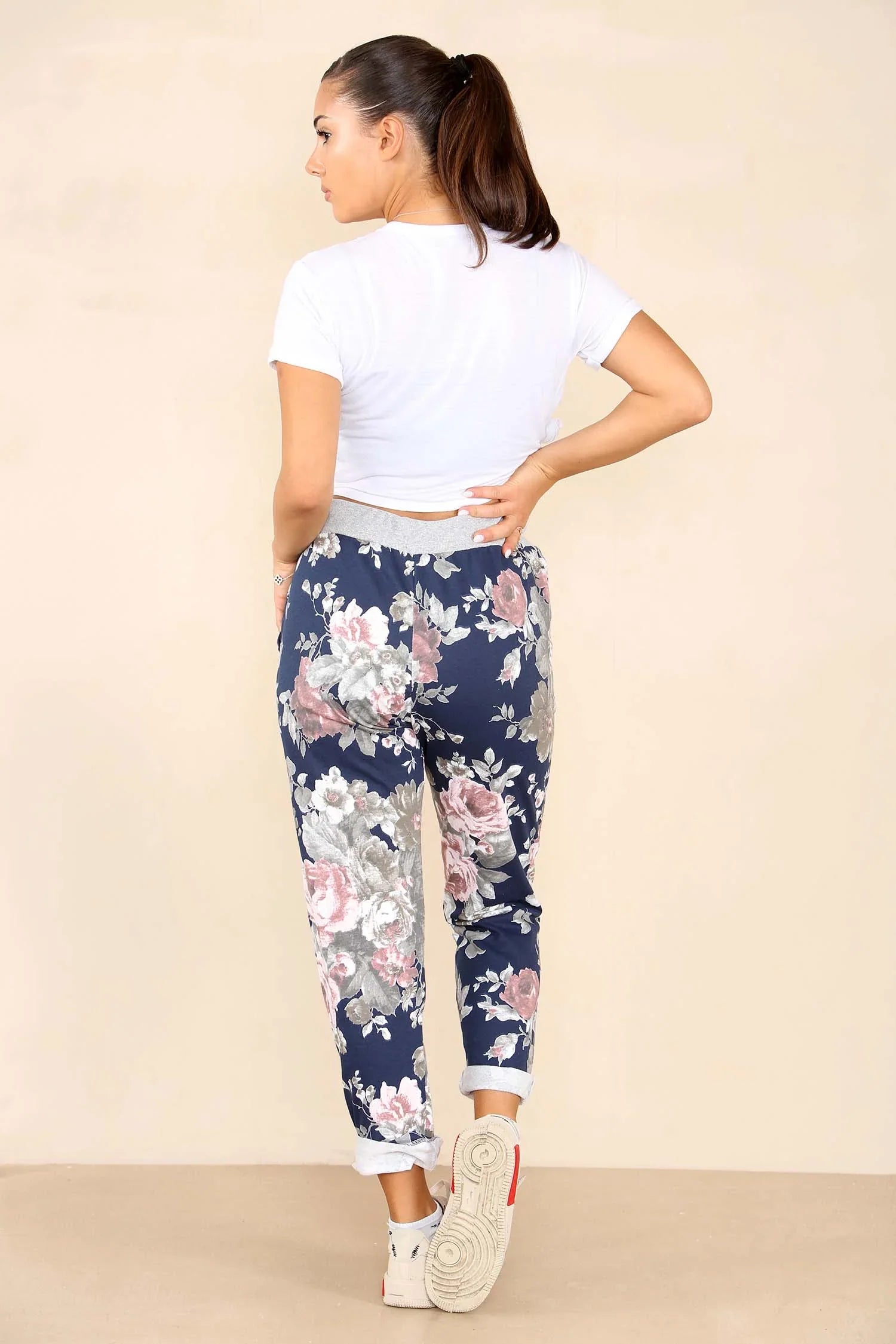 Black Plus Size Italian Floral Print Drawstring Cotton Joggers - Black & Blue For Women 20 - Dropwear
