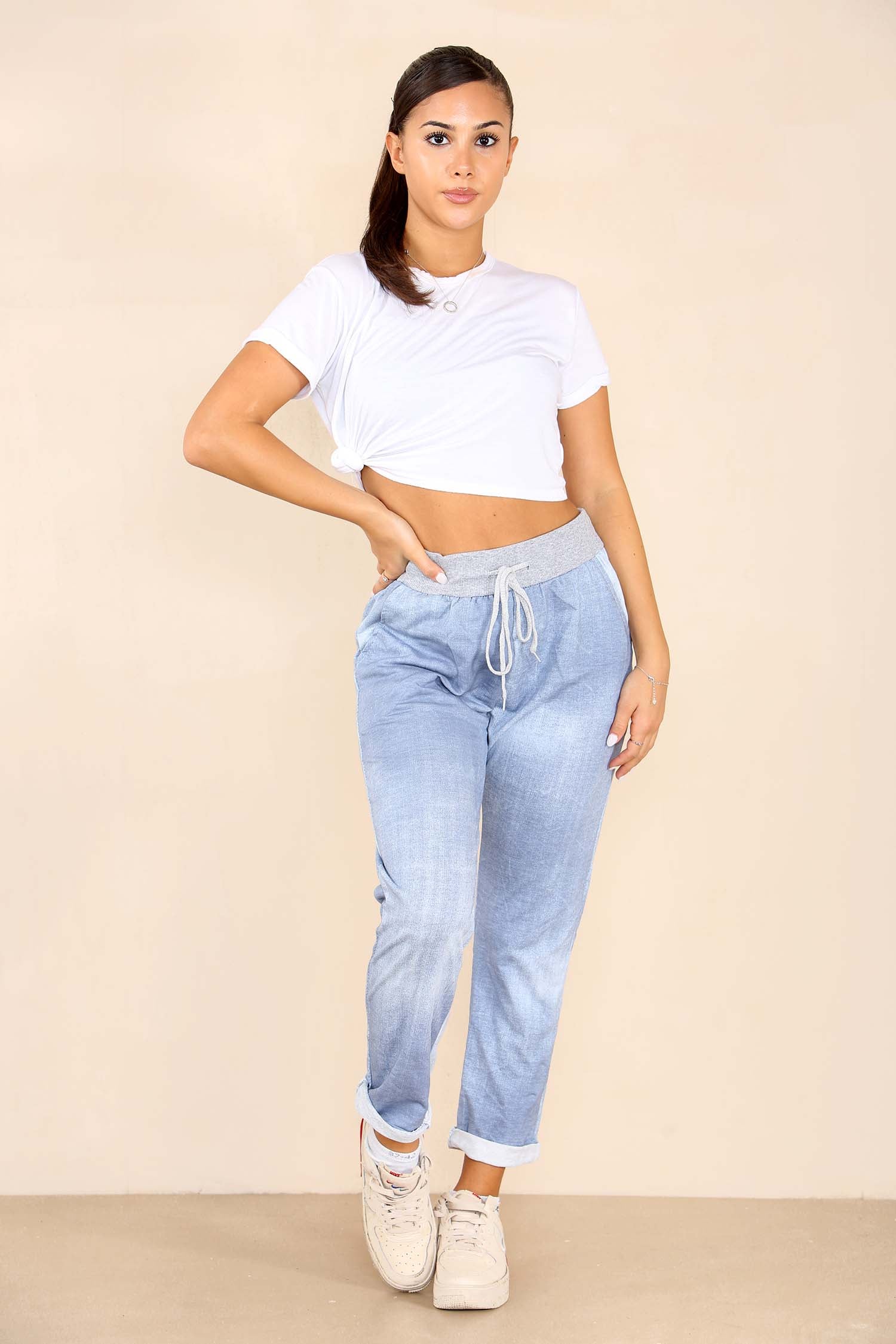 Light Denim Italian Plain Drawstring Cotton Joggers For Women 14 - Dropwear