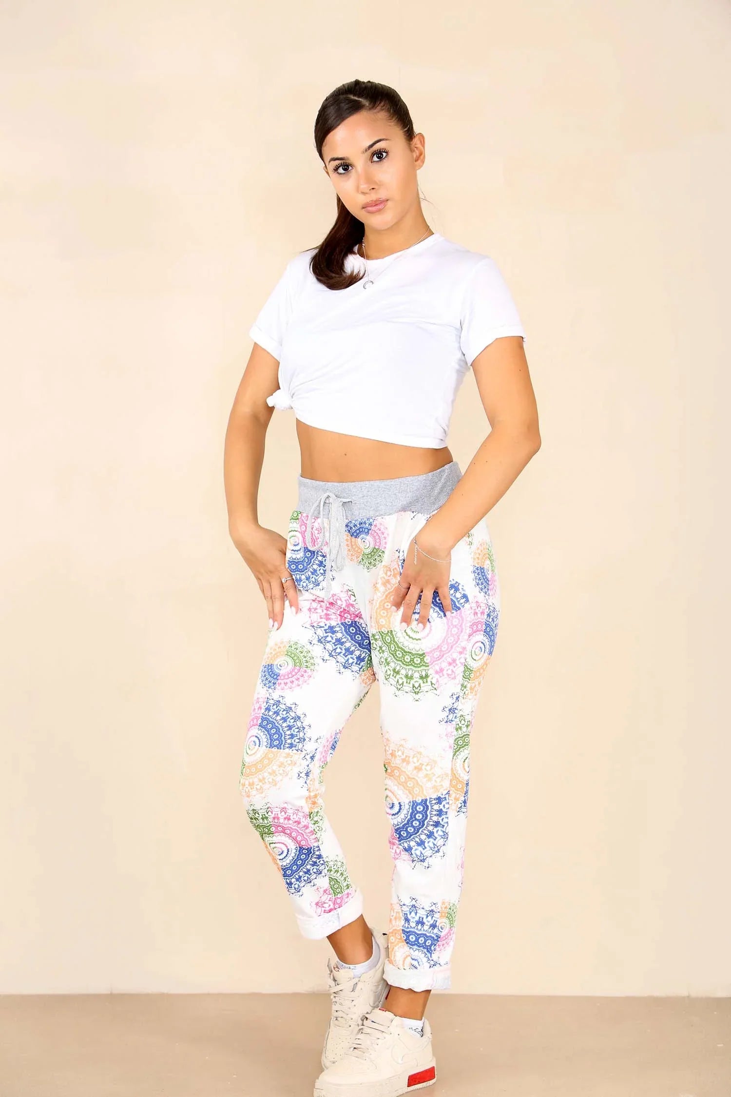 White Plus Size Italian Aboriginal Print Drawstring Cotton Joggers For Women 16 - Dropwear