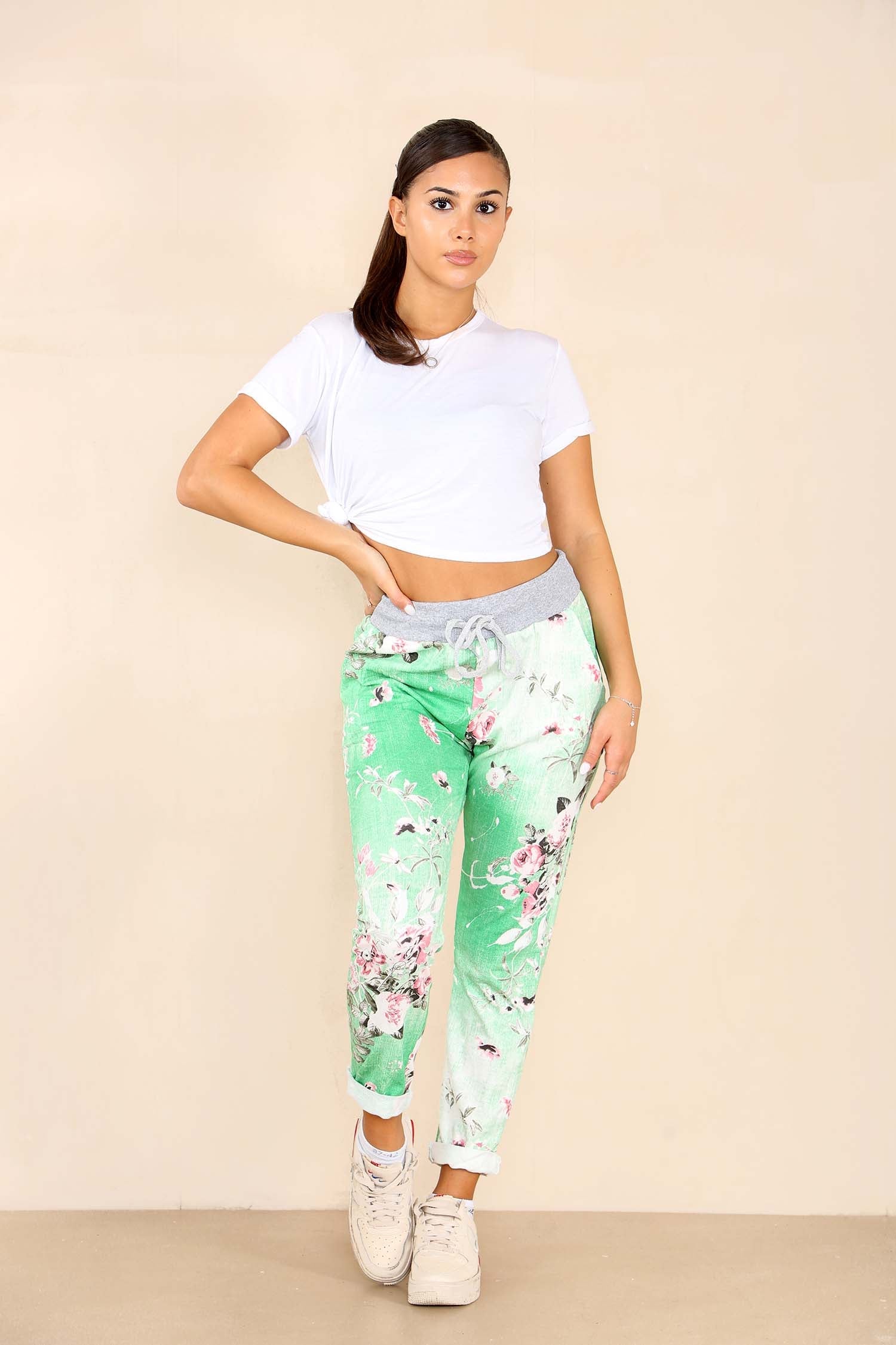 Lime Green Plus Sise Italian Floral Print Drawstring Cotton Joggers For Women 16 - Dropwear