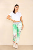 Lime Green Plus Sise Italian Floral Print Drawstring Cotton Joggers For Women 16 - Dropwear