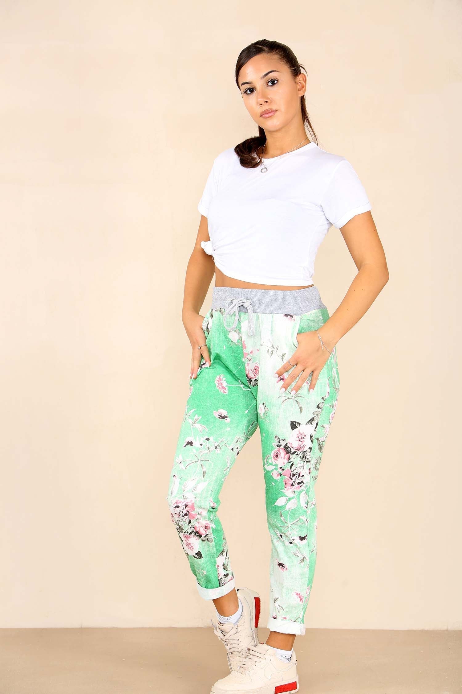 Black Plus Sise Italian Floral Print Drawstring Cotton Joggers For Women 20 - Dropwear