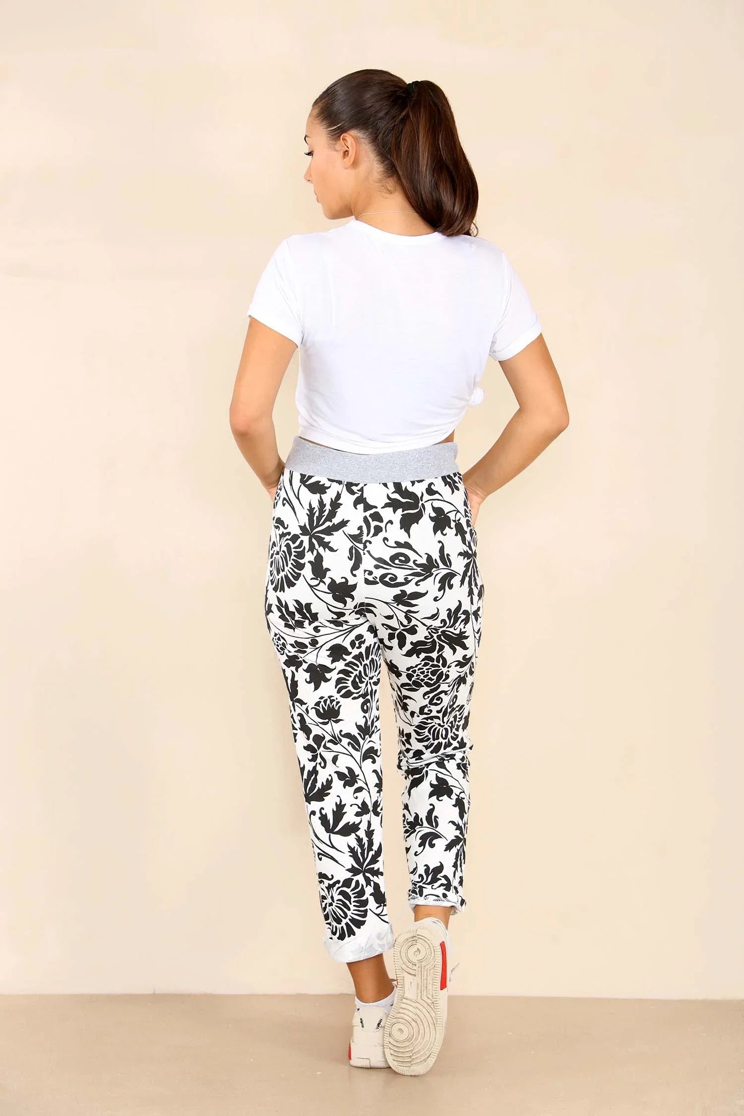 Blue Plus Size Italian Leaf Print Drawstring Cotton Joggers For Women 22 - Dropwear