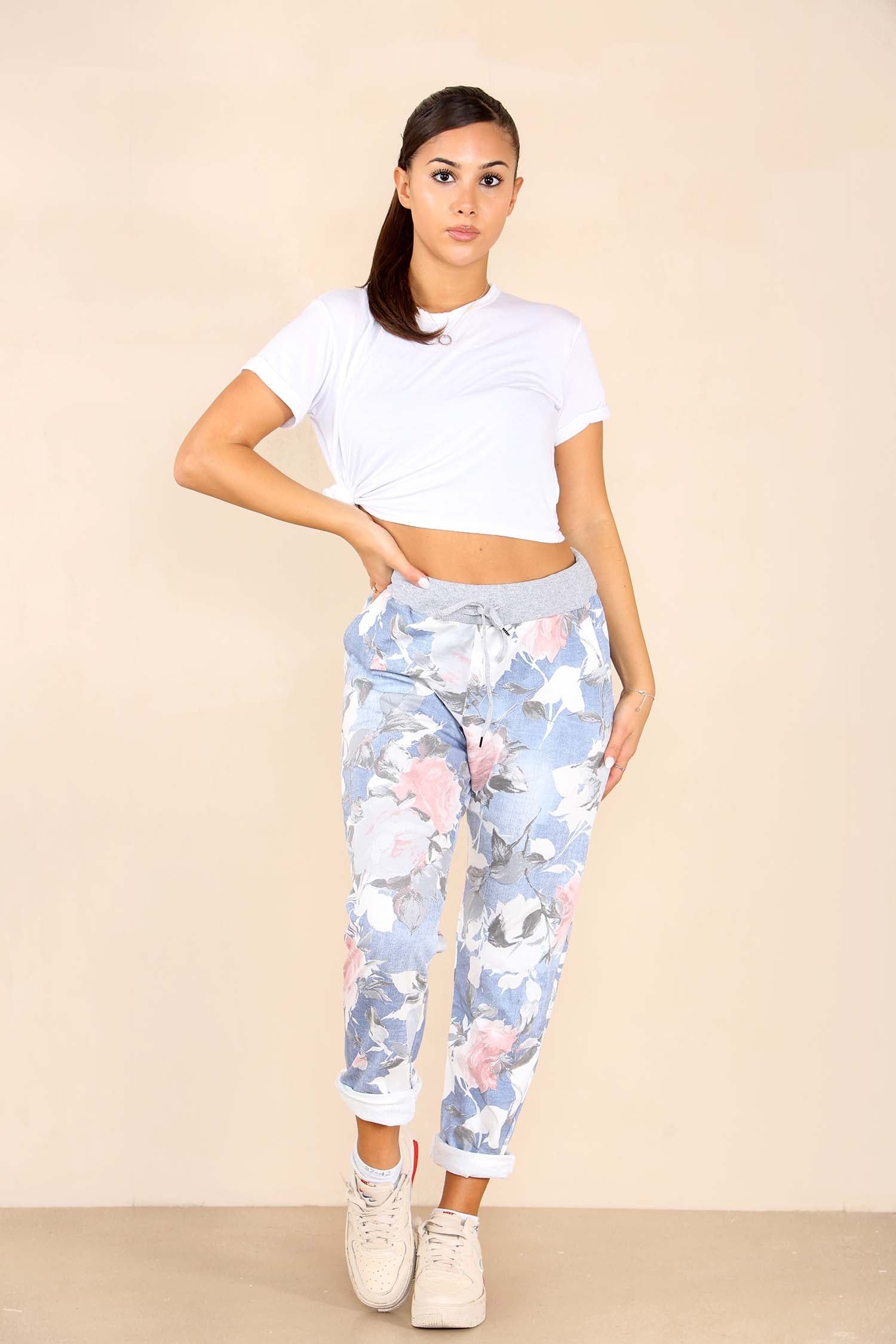 Sky Blue Plus Size Italian Rose Flower Print Drawstring Cotton Joggers For Women 18 - Dropwear