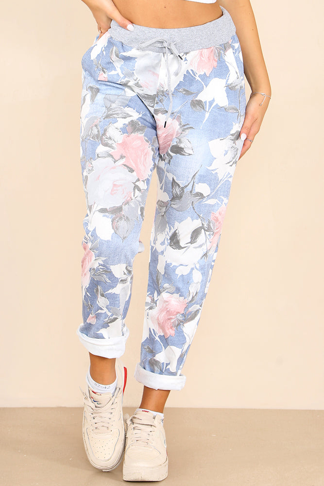 Plus Size Italian Rose Flower Print Drawstring Cotton Joggers For Women  - Dropwear
