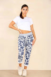 Blue Italian Leaf Print Drawstring Cotton Joggers For Women 8 - Dropwear