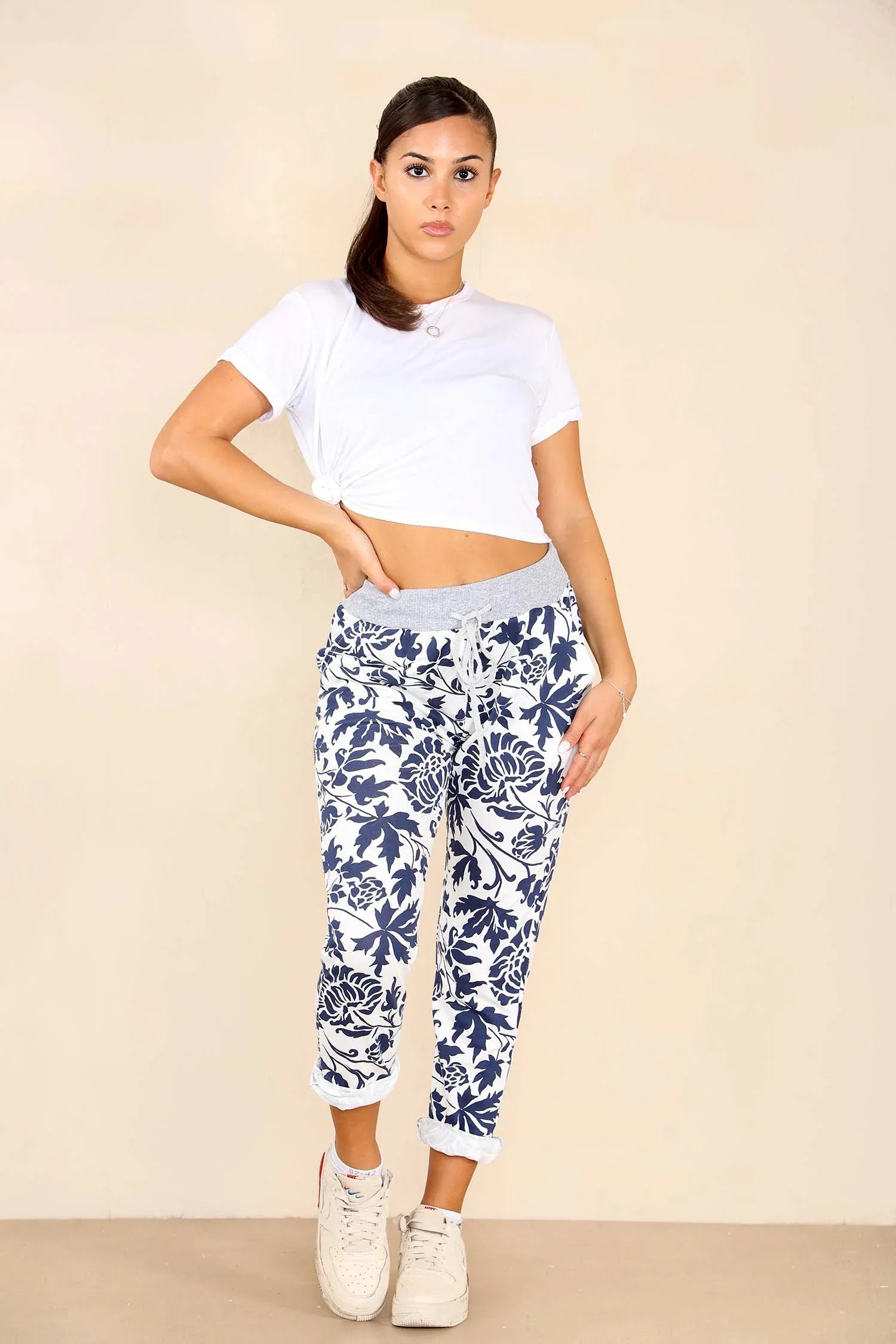 Blue Plus Size Italian Leaf Print Drawstring Cotton Joggers For Women 20 - Dropwear