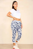 Blue Plus Size Italian Leaf Print Drawstring Cotton Joggers For Women 18 - Dropwear