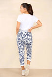 Blue Italian Leaf Print Drawstring Cotton Joggers For Women 14 - Dropwear