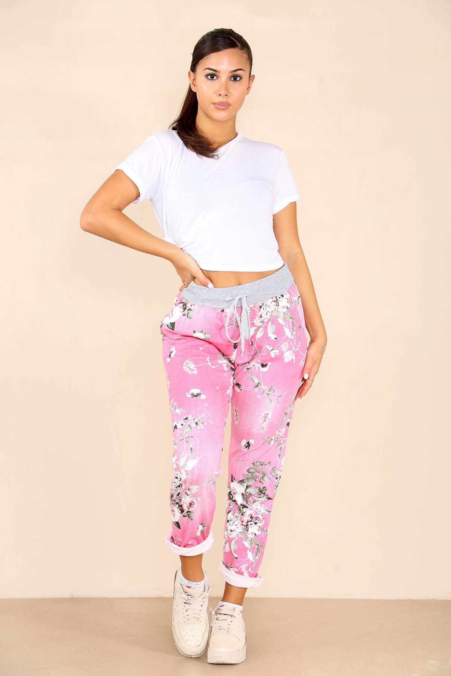Black Plus Sise Italian Floral Print Drawstring Cotton Joggers For Women 16 - Dropwear