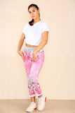 Black Plus Size Italian Floral Print Drawstring Baby Pink Cotton Joggers For Women 18 - Dropwear